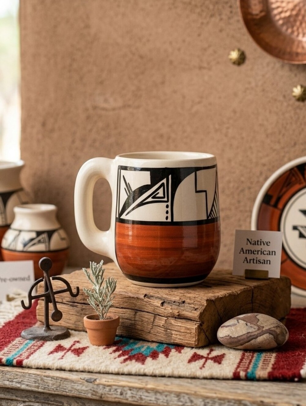 🌙Native American Ute Mountain Pottery Mug Signed "House #71" Hand Painted